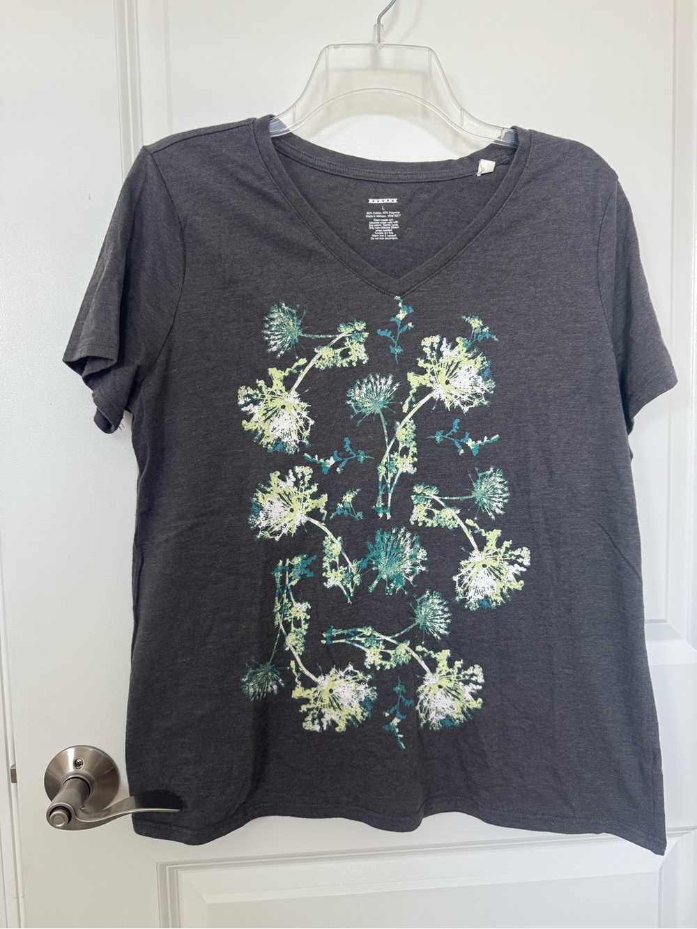 Charcoal V-Neck Tee with Green & White Floral Print